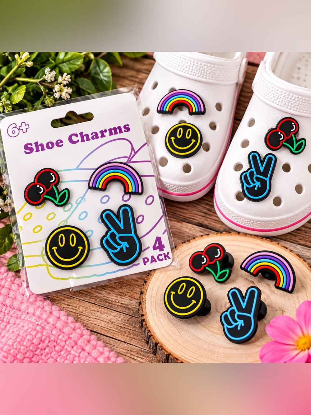 Shoe Charms 4-Pack 🌈😊🍒✌️